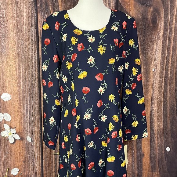 1980s Navy Floral Dress by Positive Attitude - Picture 1 of 5